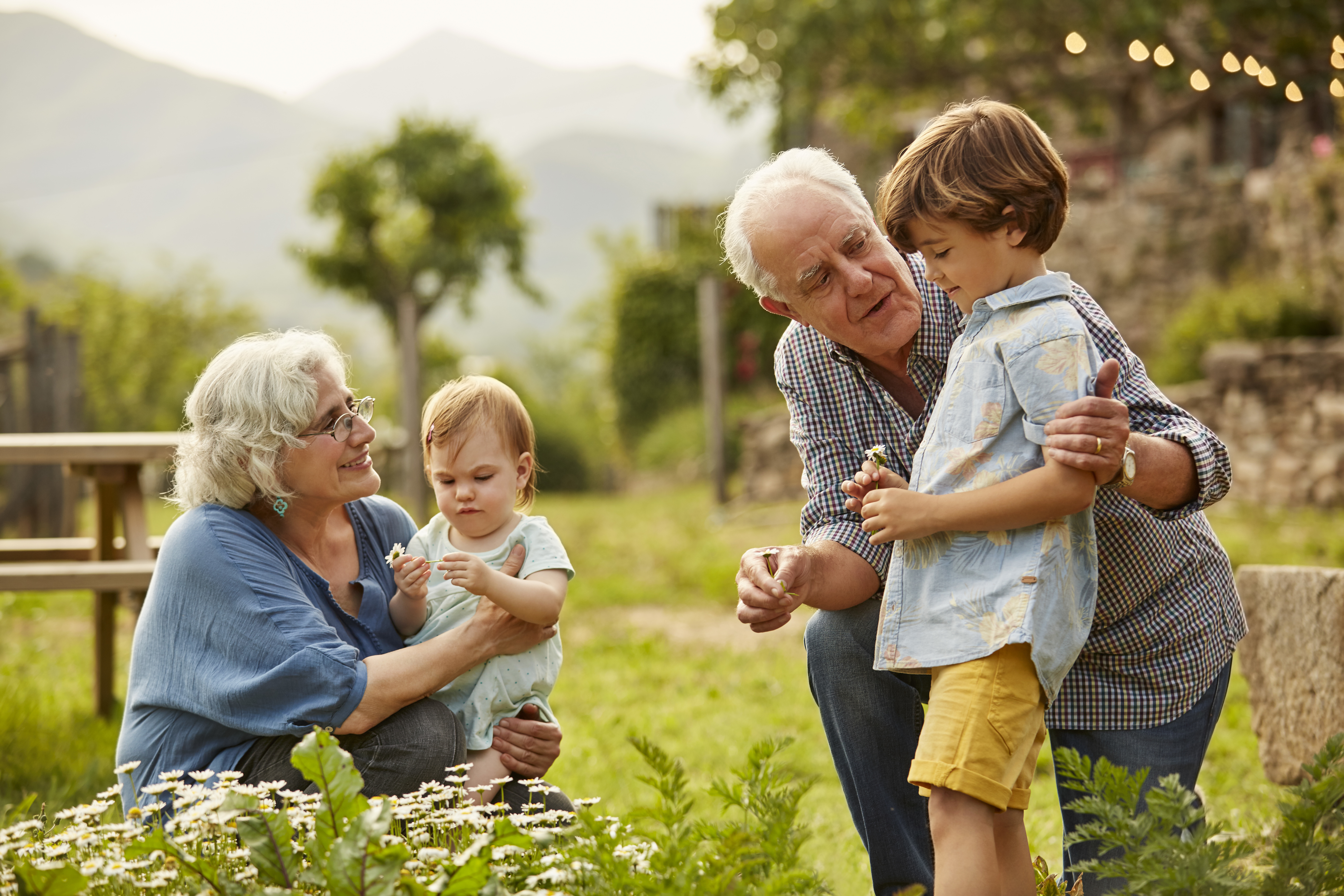 un couple de Grands parents avec une petite fille de 1 an sur les genoux de mamie et son frère de 5 ans avec papy dans le jardin